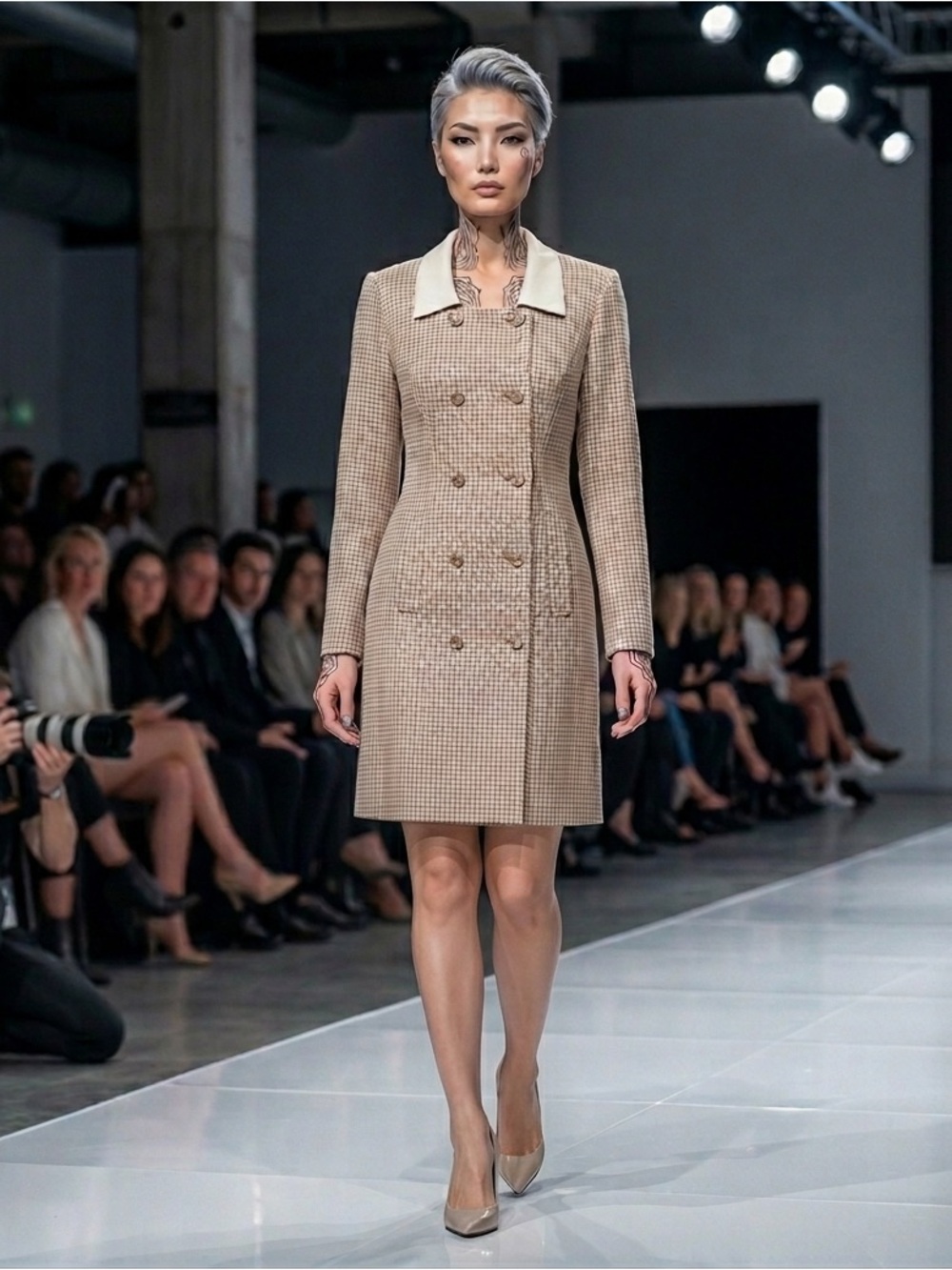 Cream-Collar Beige Houndstooth Midi Dress